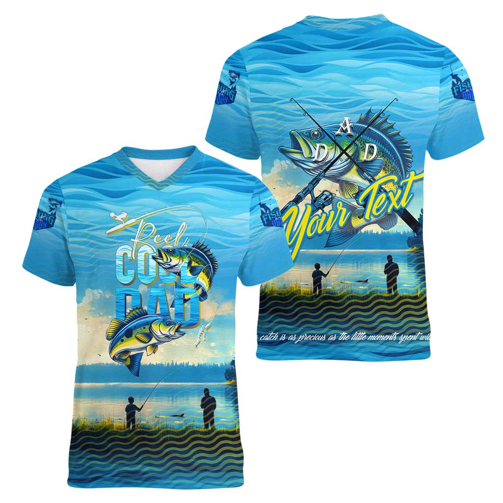 Reel Cool Dad Fishing Women V-Neck T-Shirt Father Hooked on Love and Lakeside Moments