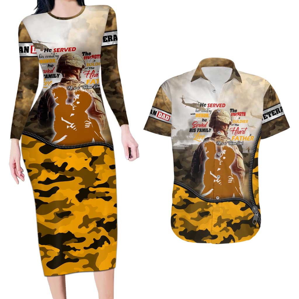 Veteran Dad Couples Matching Long Sleeve Bodycon Dress and Hawaiian Shirt The Strength of a Soldier - The Heart of a Father