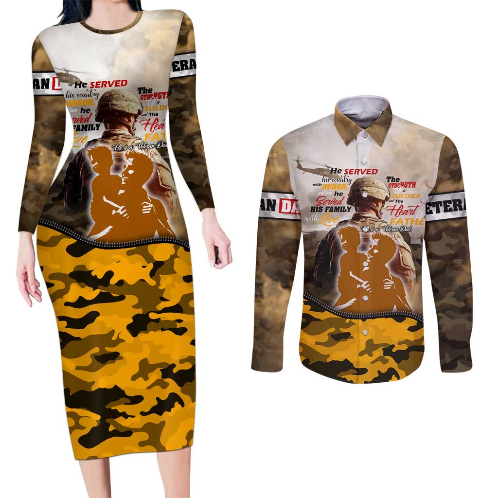 Veteran Dad Couples Matching Long Sleeve Bodycon Dress and Long Sleeve Button Shirt The Strength of a Soldier - The Heart of a Father