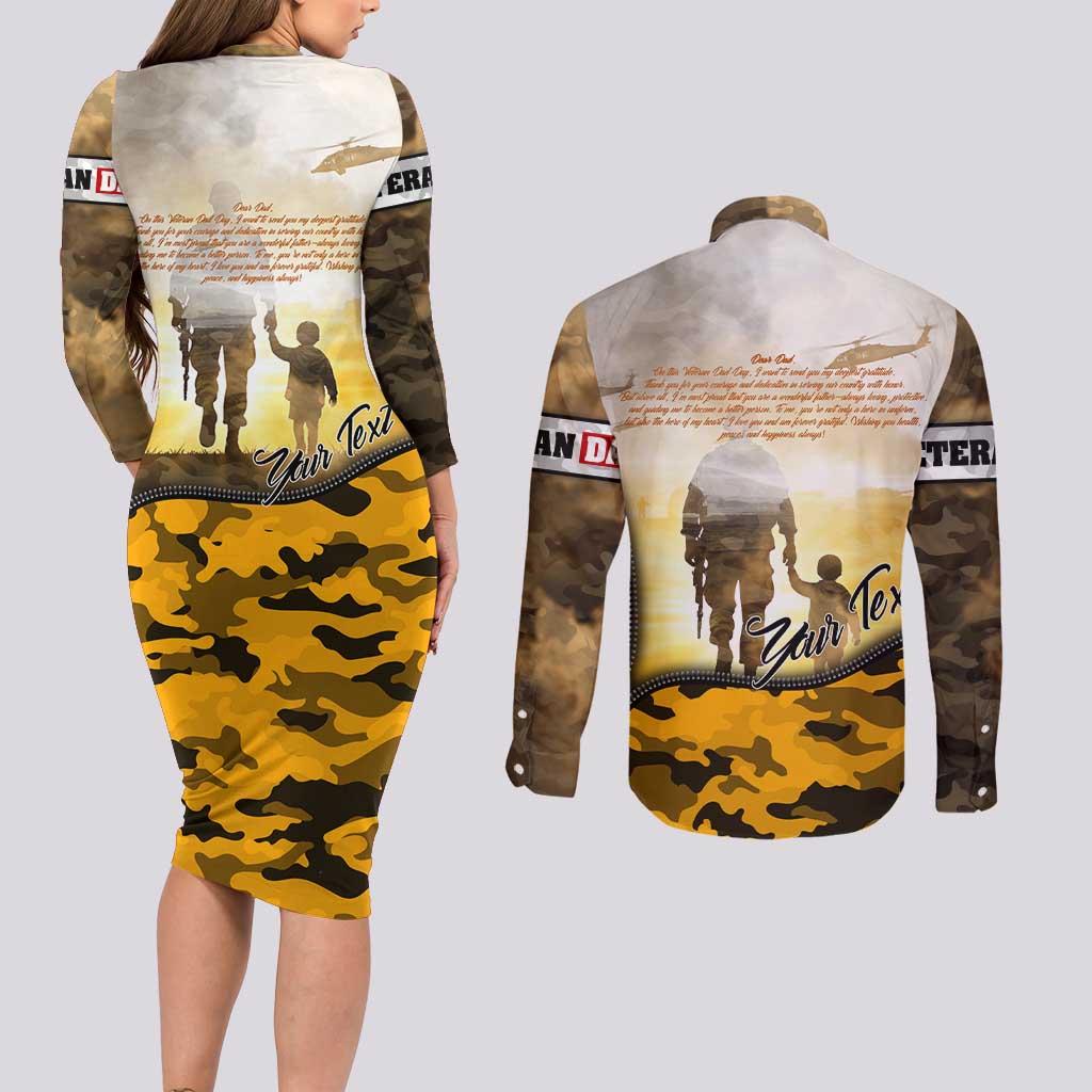 Veteran Dad Couples Matching Long Sleeve Bodycon Dress and Long Sleeve Button Shirt The Strength of a Soldier - The Heart of a Father