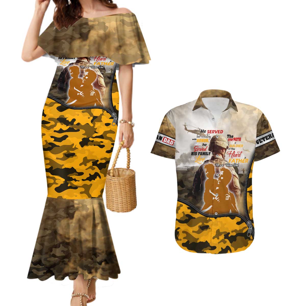 Veteran Dad Couples Matching Mermaid Dress and Hawaiian Shirt The Strength of a Soldier - The Heart of a Father
