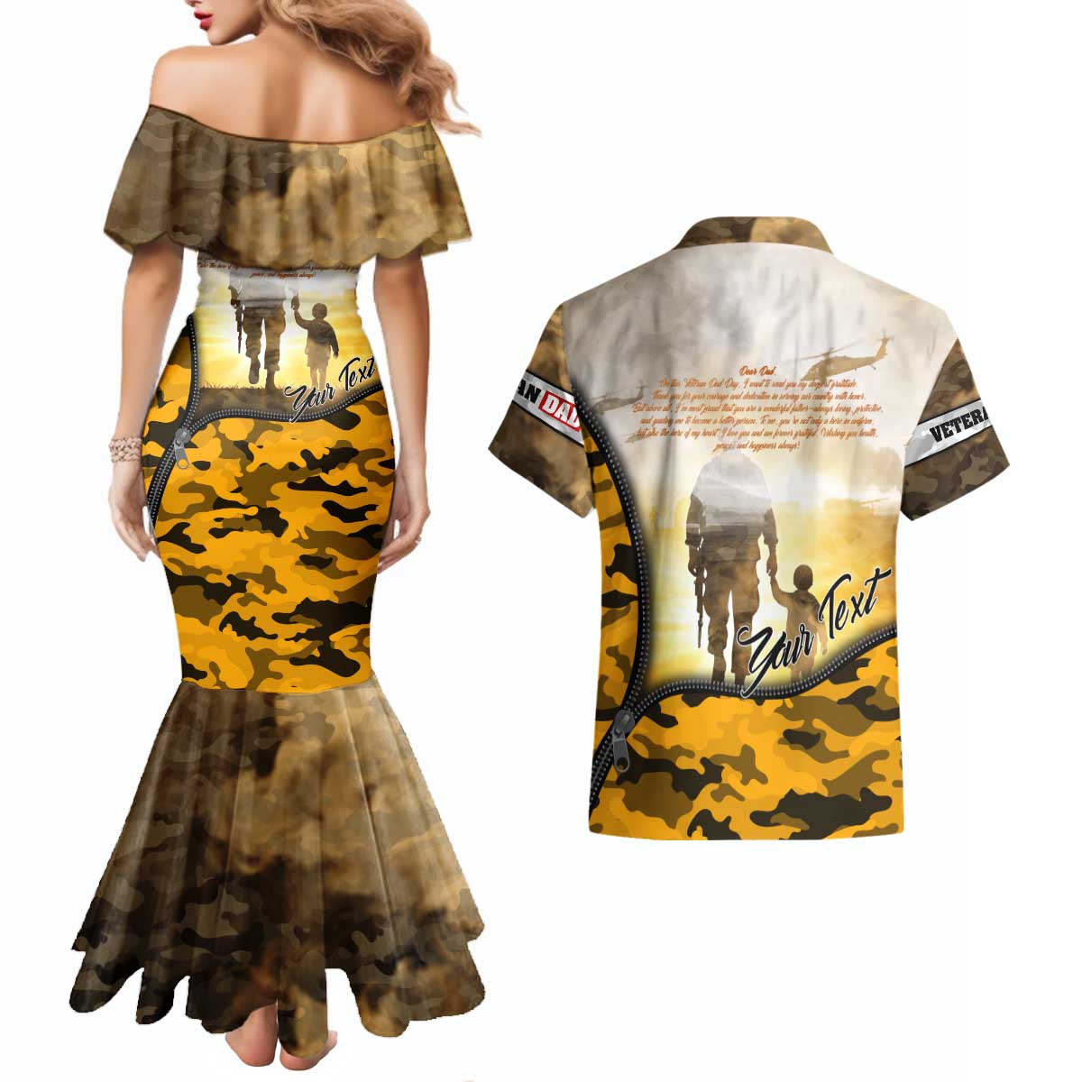 Veteran Dad Couples Matching Mermaid Dress and Hawaiian Shirt The Strength of a Soldier - The Heart of a Father