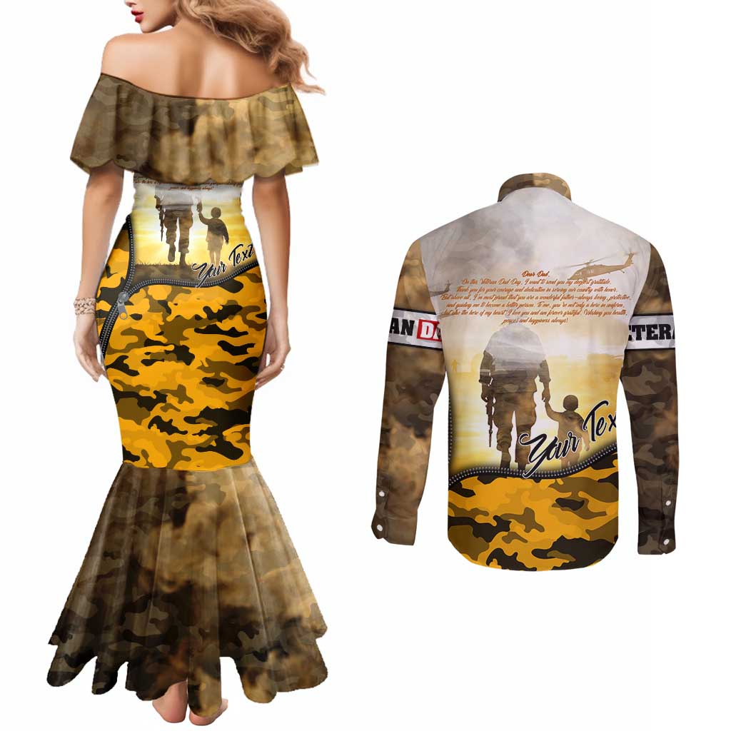 Veteran Dad Couples Matching Mermaid Dress and Long Sleeve Button Shirt The Strength of a Soldier - The Heart of a Father