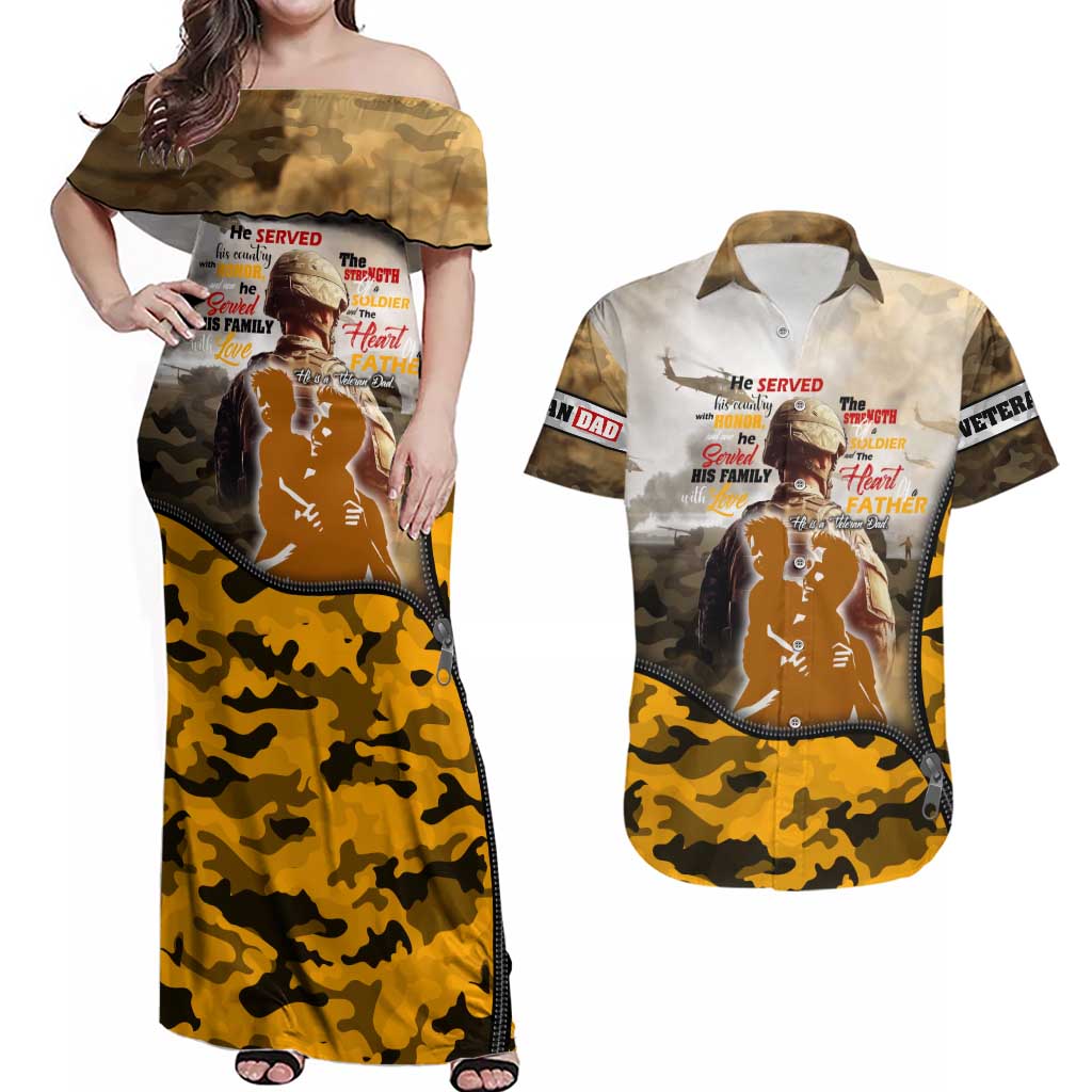 Veteran Dad Couples Matching Off Shoulder Maxi Dress and Hawaiian Shirt The Strength of a Soldier - The Heart of a Father