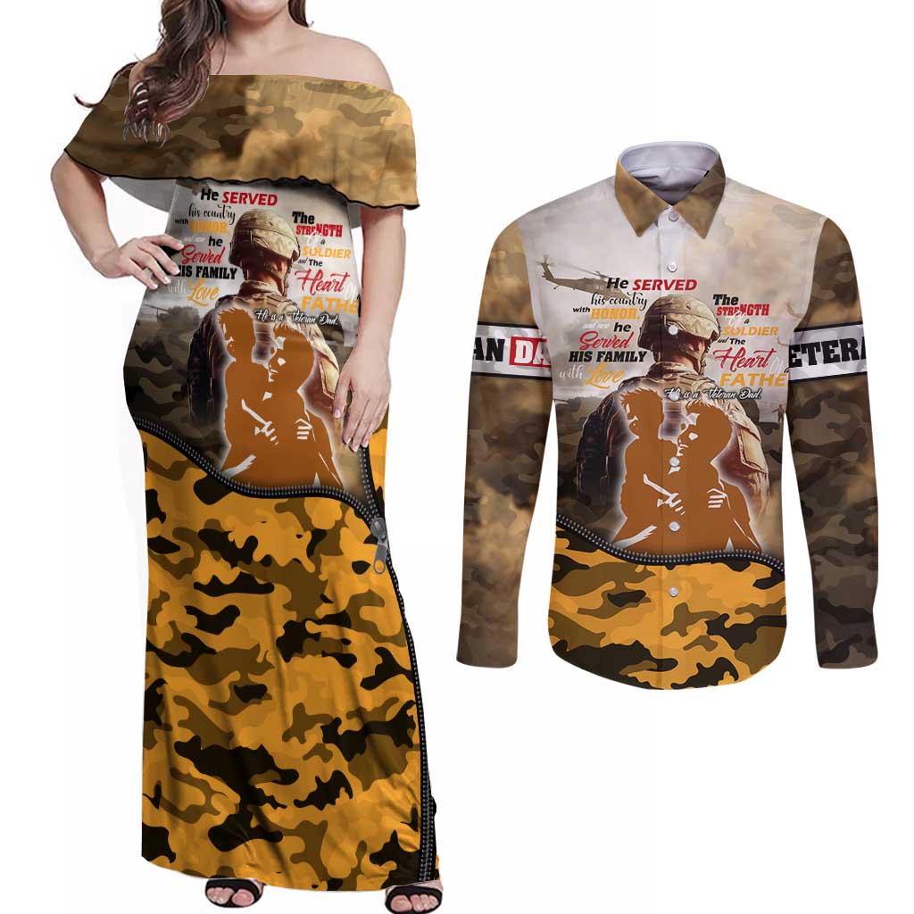 Veteran Dad Couples Matching Off Shoulder Maxi Dress and Long Sleeve Button Shirt The Strength of a Soldier - The Heart of a Father