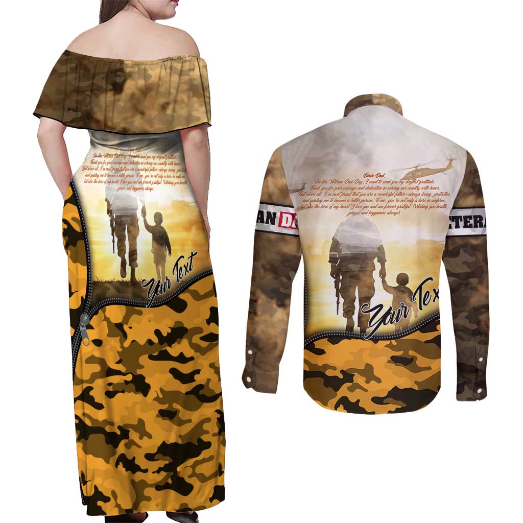 Veteran Dad Couples Matching Off Shoulder Maxi Dress and Long Sleeve Button Shirt The Strength of a Soldier - The Heart of a Father