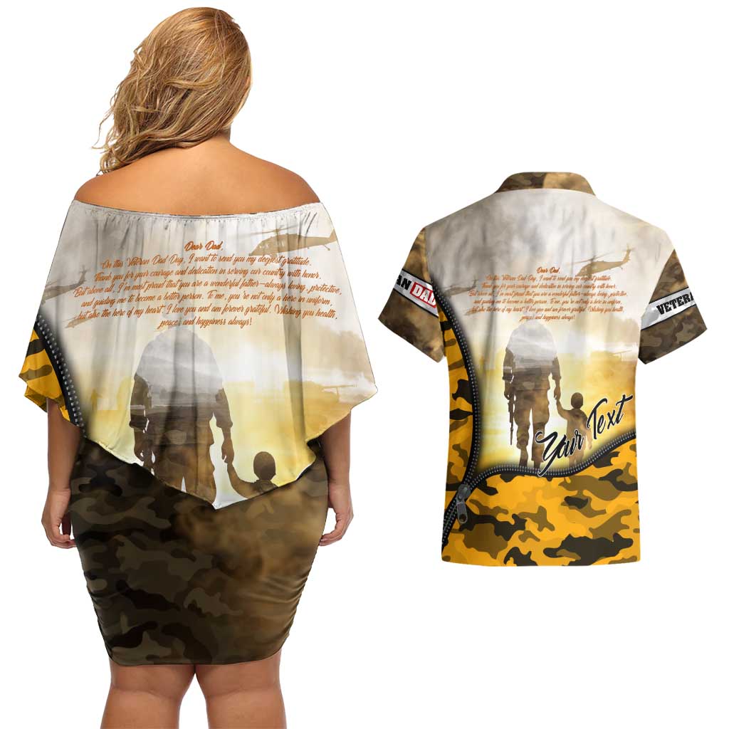Veteran Dad Couples Matching Off Shoulder Short Dress and Hawaiian Shirt The Strength of a Soldier - The Heart of a Father