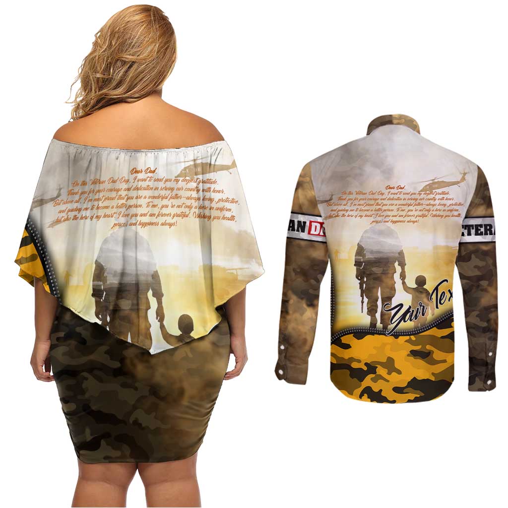 Veteran Dad Couples Matching Off Shoulder Short Dress and Long Sleeve Button Shirt The Strength of a Soldier - The Heart of a Father