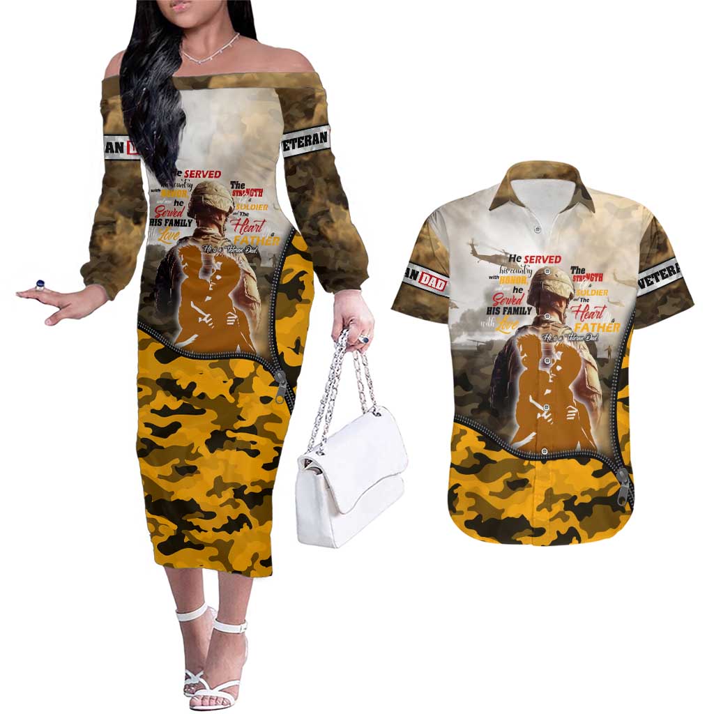 Veteran Dad Couples Matching Off The Shoulder Long Sleeve Dress and Hawaiian Shirt The Strength of a Soldier - The Heart of a Father
