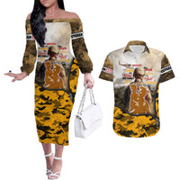 Veteran Dad Couples Matching Off The Shoulder Long Sleeve Dress and Hawaiian Shirt The Strength of a Soldier - The Heart of a Father
