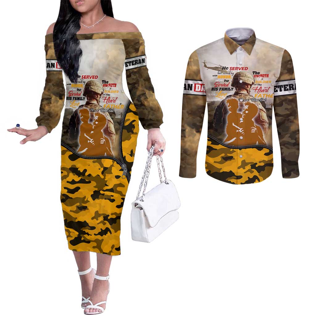 Veteran Dad Couples Matching Off The Shoulder Long Sleeve Dress and Long Sleeve Button Shirt The Strength of a Soldier - The Heart of a Father