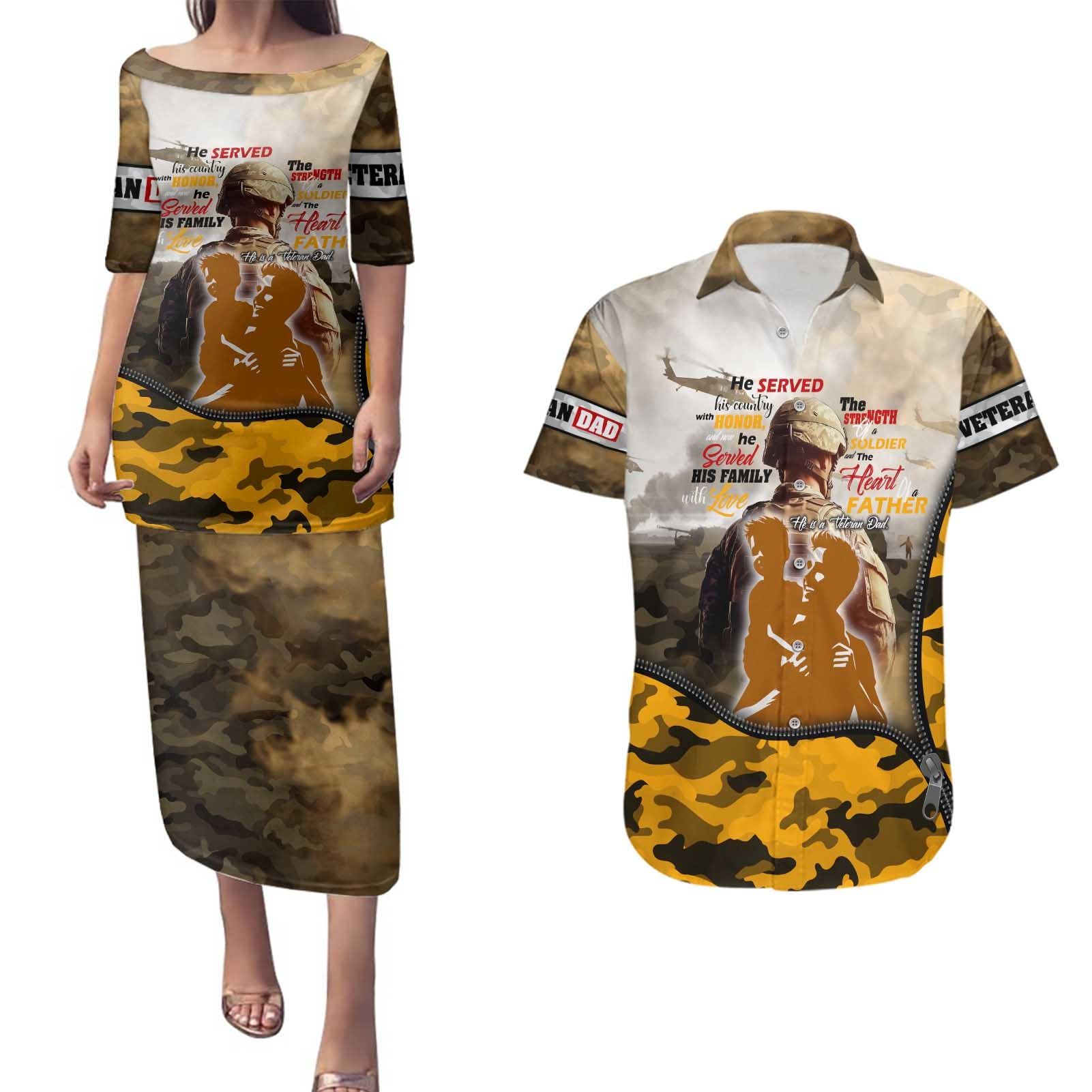 Veteran Dad Couples Matching Puletasi and Hawaiian Shirt The Strength of a Soldier - The Heart of a Father