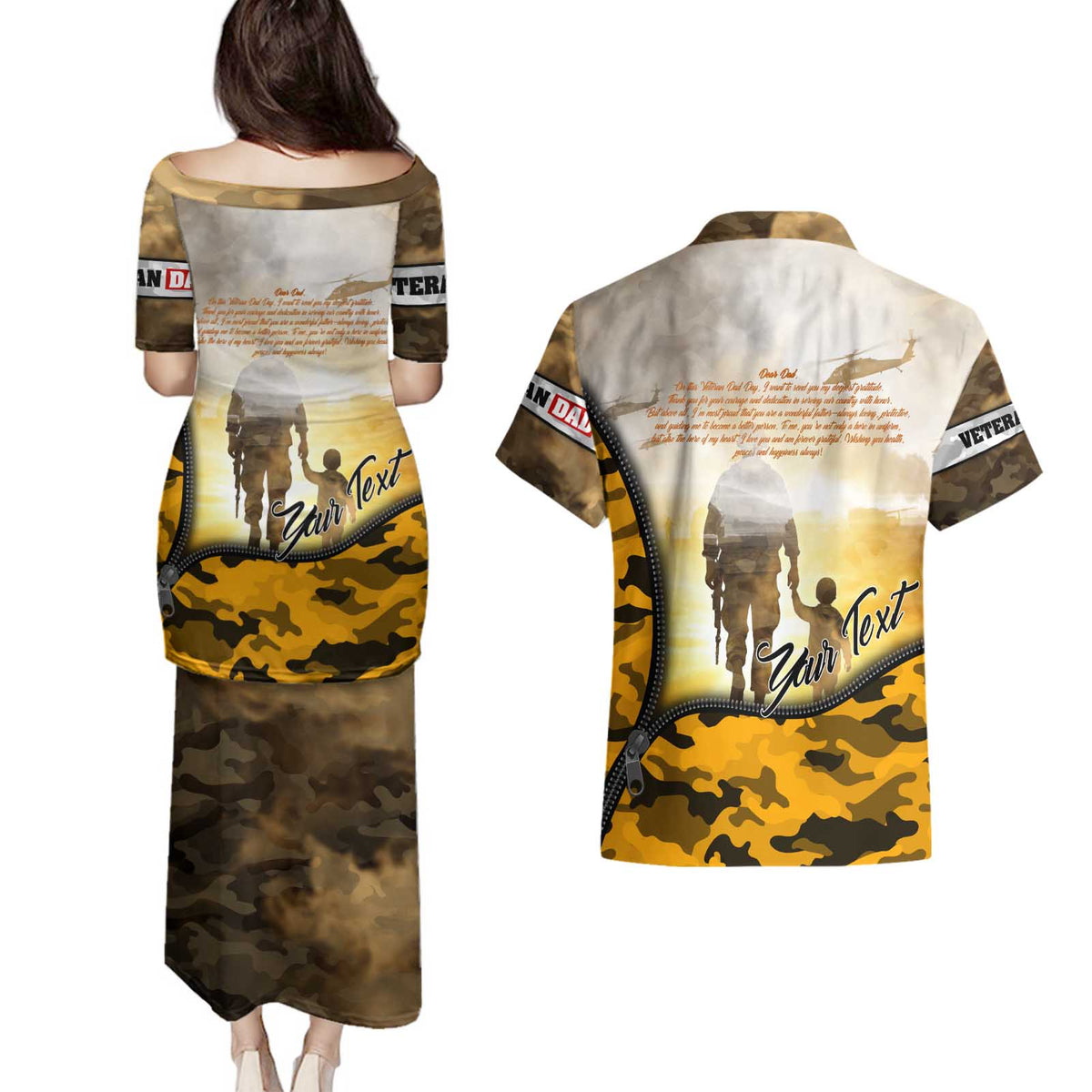 Veteran Dad Couples Matching Puletasi and Hawaiian Shirt The Strength of a Soldier - The Heart of a Father