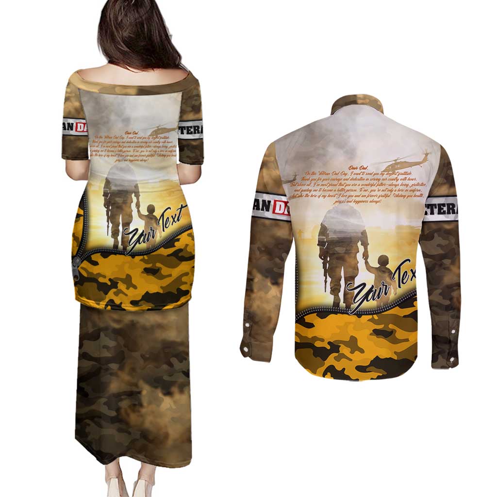 Veteran Dad Couples Matching Puletasi and Long Sleeve Button Shirt The Strength of a Soldier - The Heart of a Father