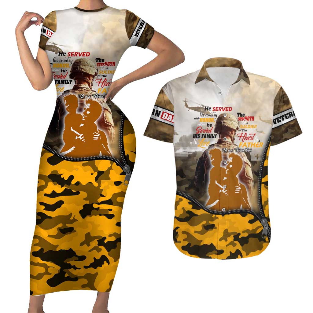 Veteran Dad Couples Matching Short Sleeve Bodycon Dress and Hawaiian Shirt The Strength of a Soldier - The Heart of a Father