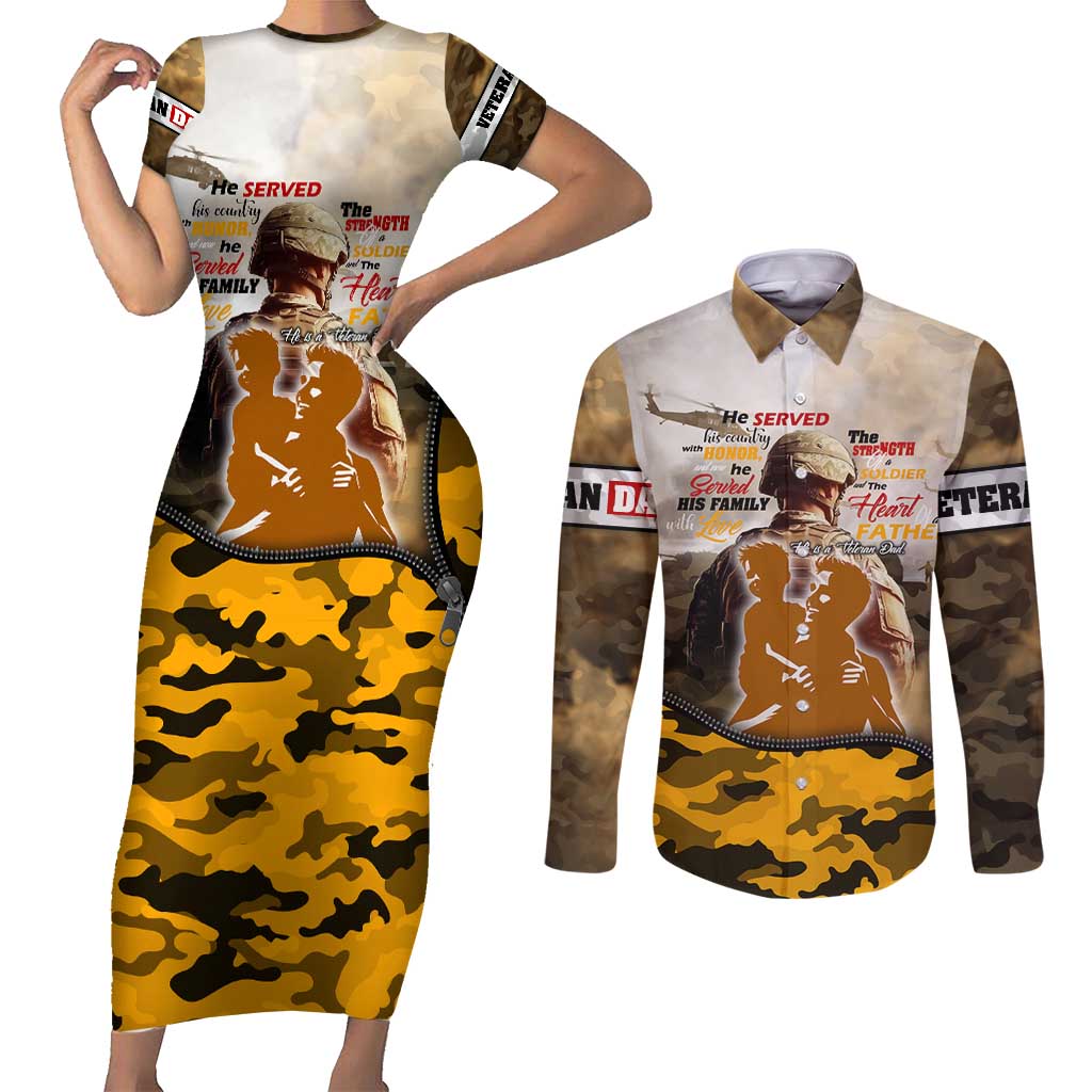 Veteran Dad Couples Matching Short Sleeve Bodycon Dress and Long Sleeve Button Shirt The Strength of a Soldier - The Heart of a Father