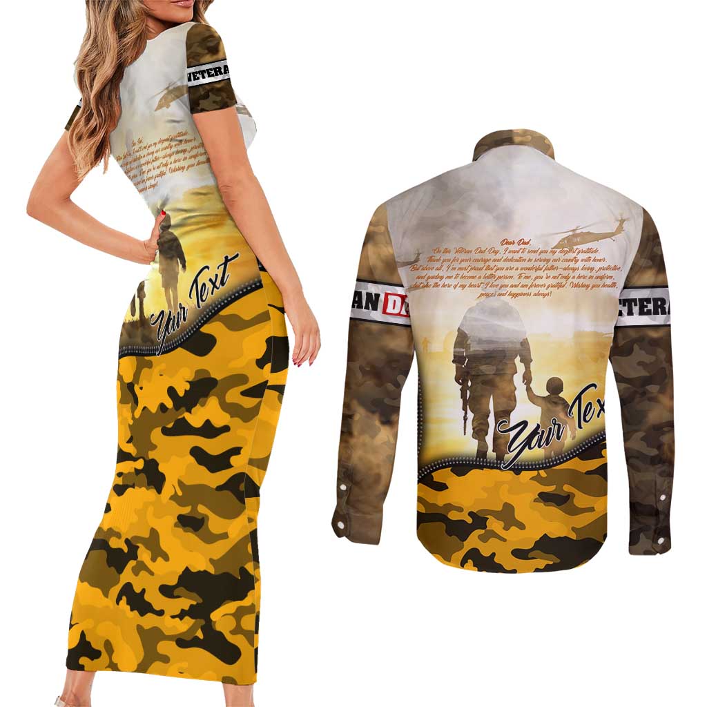 Veteran Dad Couples Matching Short Sleeve Bodycon Dress and Long Sleeve Button Shirt The Strength of a Soldier - The Heart of a Father
