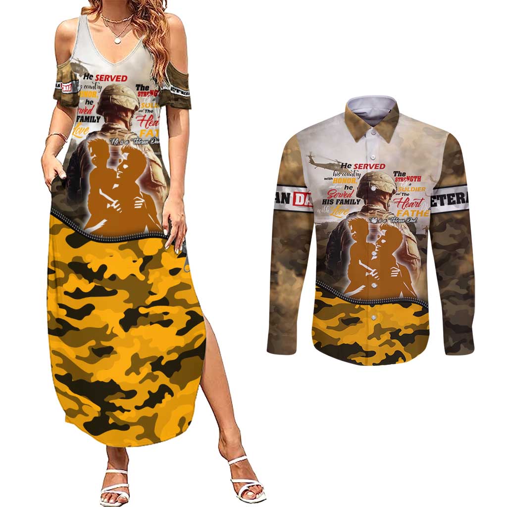 Veteran Dad Couples Matching Summer Maxi Dress and Long Sleeve Button Shirt The Strength of a Soldier - The Heart of a Father
