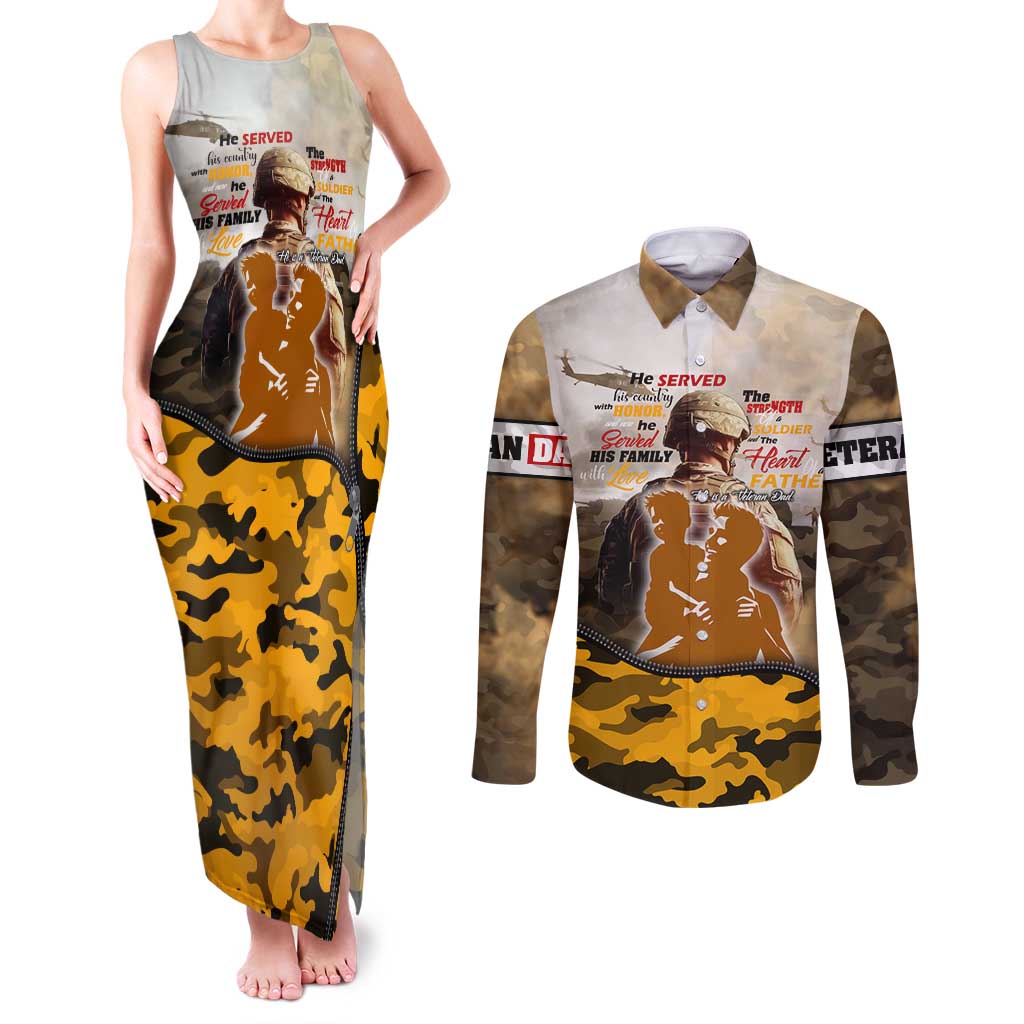 Veteran Dad Couples Matching Tank Maxi Dress and Long Sleeve Button Shirt The Strength of a Soldier - The Heart of a Father