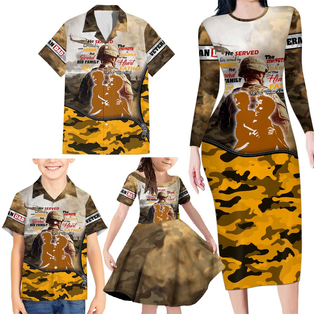 Veteran Dad Family Matching Long Sleeve Bodycon Dress and Hawaiian Shirt The Strength of a Soldier - The Heart of a Father