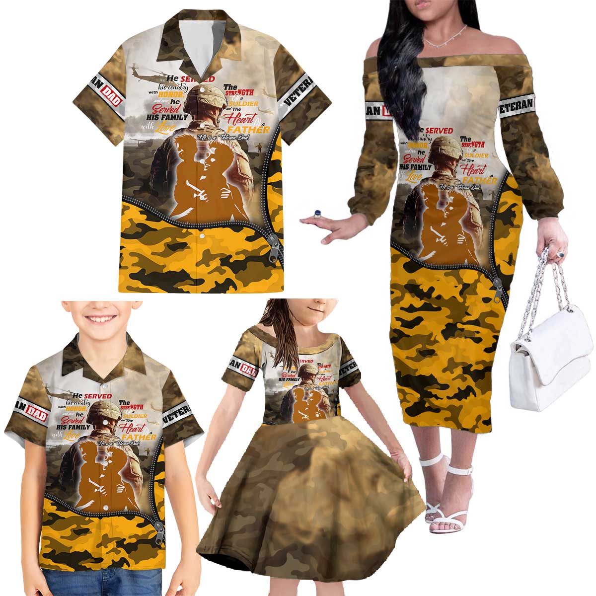 Veteran Dad Family Matching Off The Shoulder Long Sleeve Dress and Hawaiian Shirt The Strength of a Soldier - The Heart of a Father