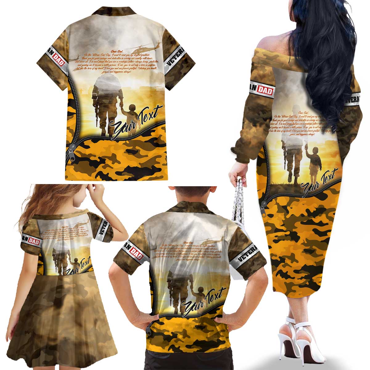 Veteran Dad Family Matching Off The Shoulder Long Sleeve Dress and Hawaiian Shirt The Strength of a Soldier - The Heart of a Father