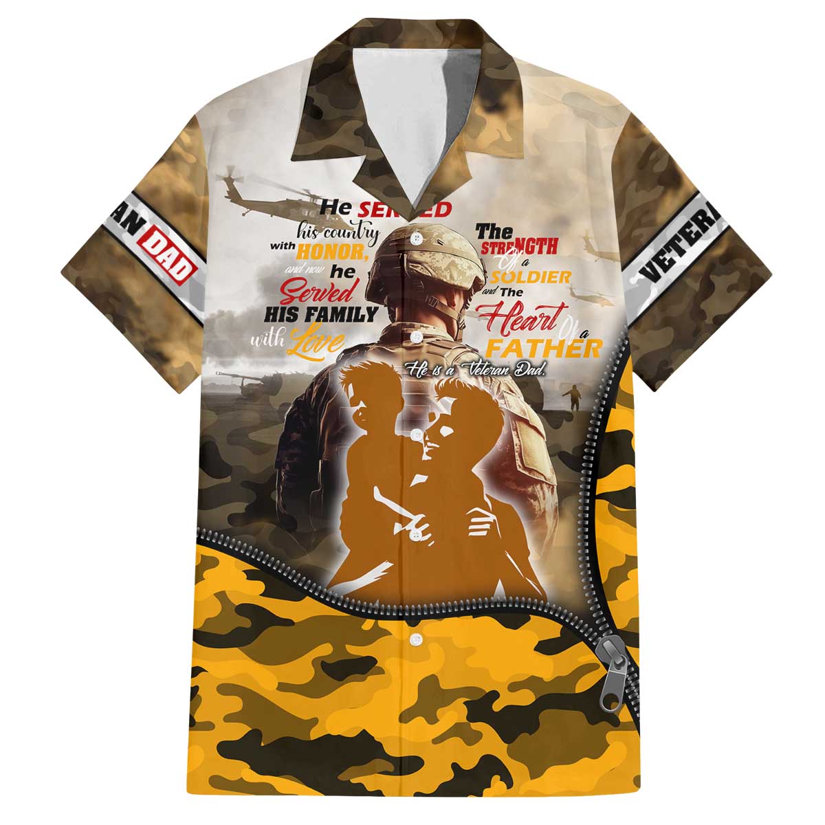 Veteran Dad Family Matching Off The Shoulder Long Sleeve Dress and Hawaiian Shirt The Strength of a Soldier - The Heart of a Father