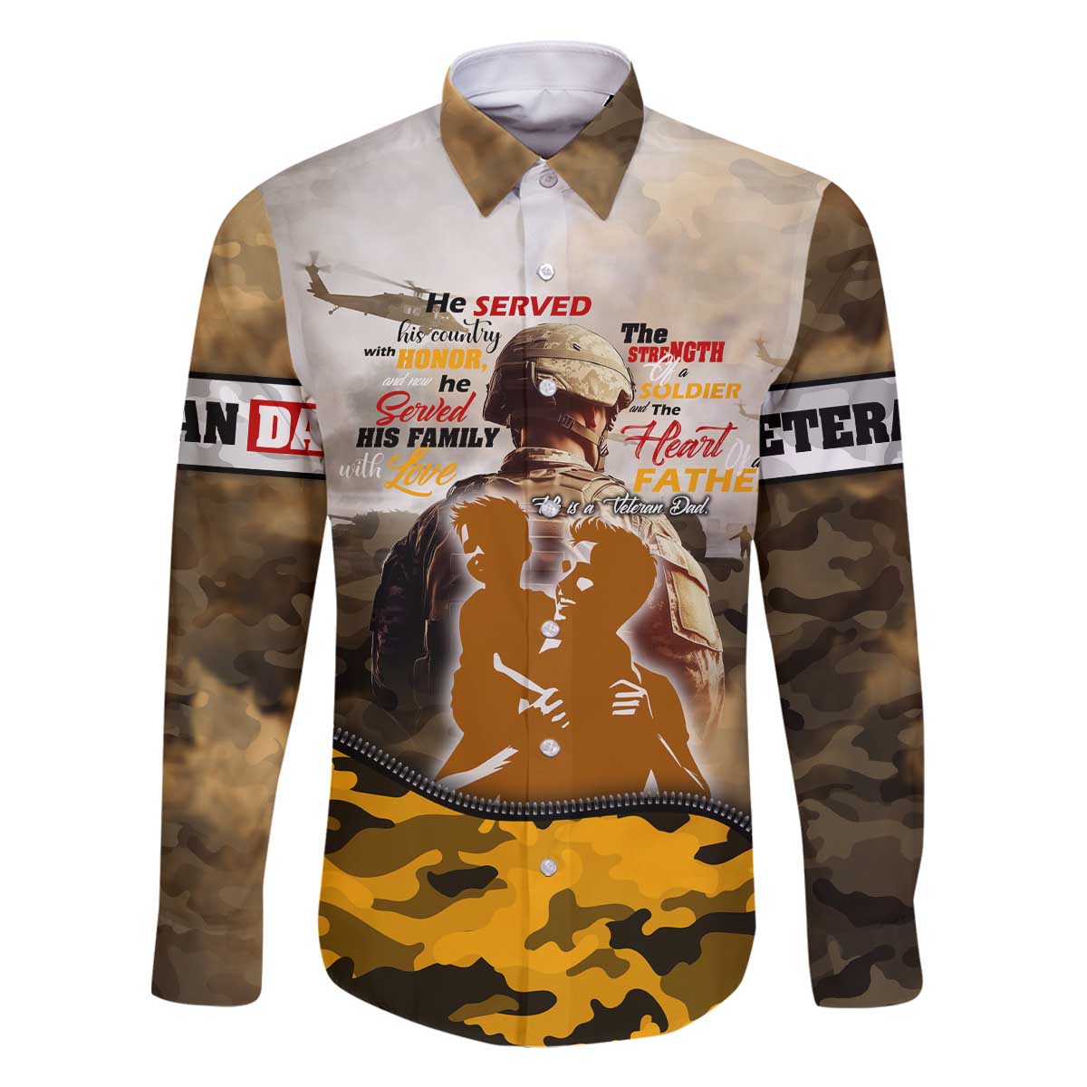 Veteran Dad Family Matching Off The Shoulder Long Sleeve Dress and Hawaiian Shirt The Strength of a Soldier - The Heart of a Father