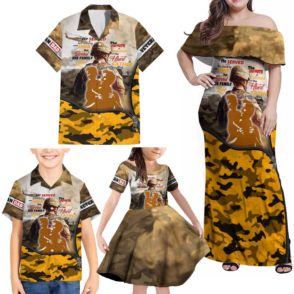 Veteran Dad Family Matching Off Shoulder Maxi Dress and Hawaiian Shirt The Strength of a Soldier - The Heart of a Father