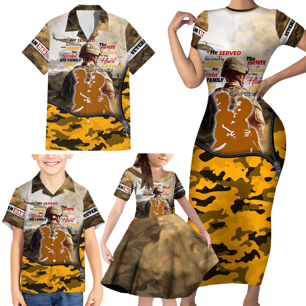 Veteran Dad Family Matching Short Sleeve Bodycon Dress and Hawaiian Shirt The Strength of a Soldier - The Heart of a Father