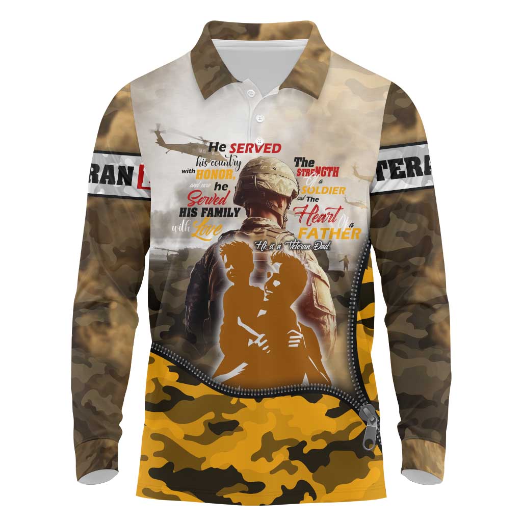 Veteran Dad Long Sleeve Polo Shirt The Strength of a Soldier - The Heart of a Father