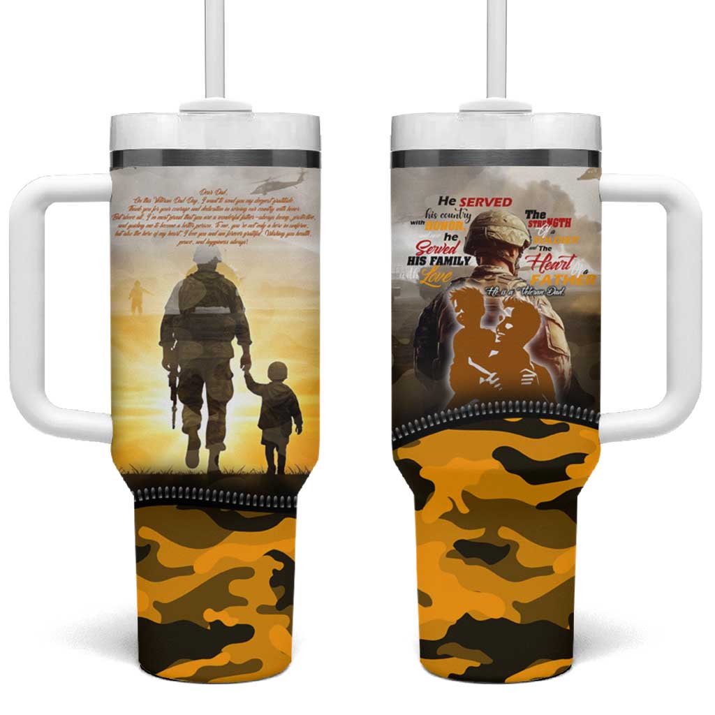 Veteran Dad Tumbler With Handle The Strength of a Soldier - The Heart of a Father