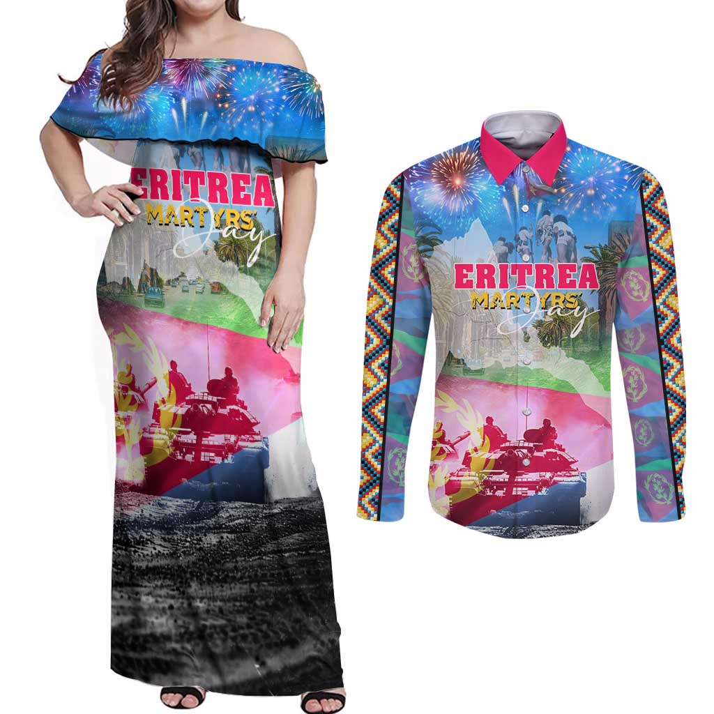 June 20 Eritrea's Martyrs Day Couples Matching Off Shoulder Maxi Dress and Long Sleeve Button Shirt Honoring the Brave Celebrating the Nation