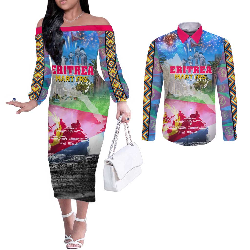 June 20 Eritrea's Martyrs Day Couples Matching Off The Shoulder Long Sleeve Dress and Long Sleeve Button Shirt Honoring the Brave Celebrating the Nation