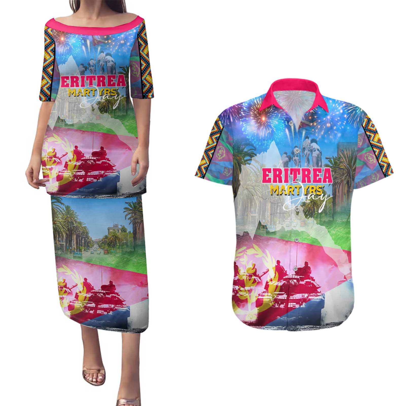 June 20 Eritrea's Martyrs Day Couples Matching Puletasi and Hawaiian Shirt Honoring the Brave Celebrating the Nation