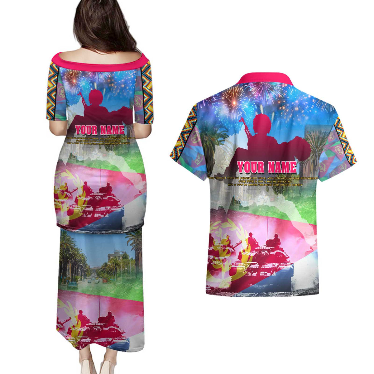 June 20 Eritrea's Martyrs Day Couples Matching Puletasi and Hawaiian Shirt Honoring the Brave Celebrating the Nation