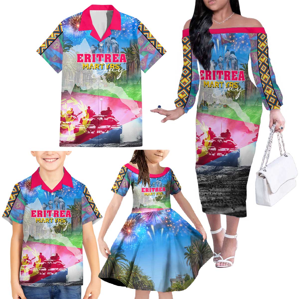 June 20 Eritrea's Martyrs Day Family Matching Off The Shoulder Long Sleeve Dress and Hawaiian Shirt Honoring the Brave Celebrating the Nation