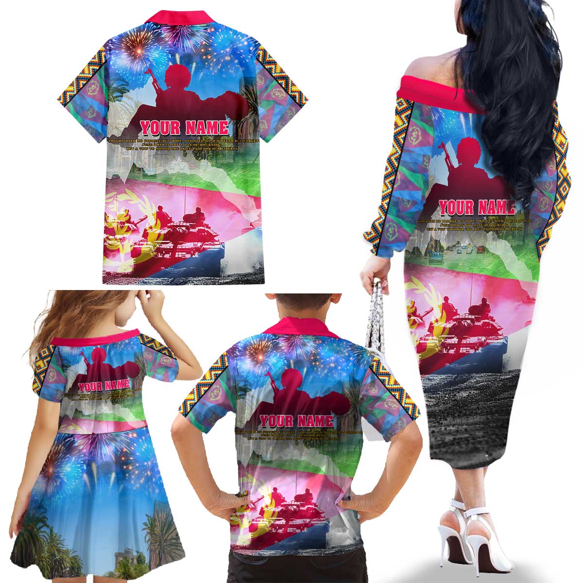 June 20 Eritrea's Martyrs Day Family Matching Off The Shoulder Long Sleeve Dress and Hawaiian Shirt Honoring the Brave Celebrating the Nation
