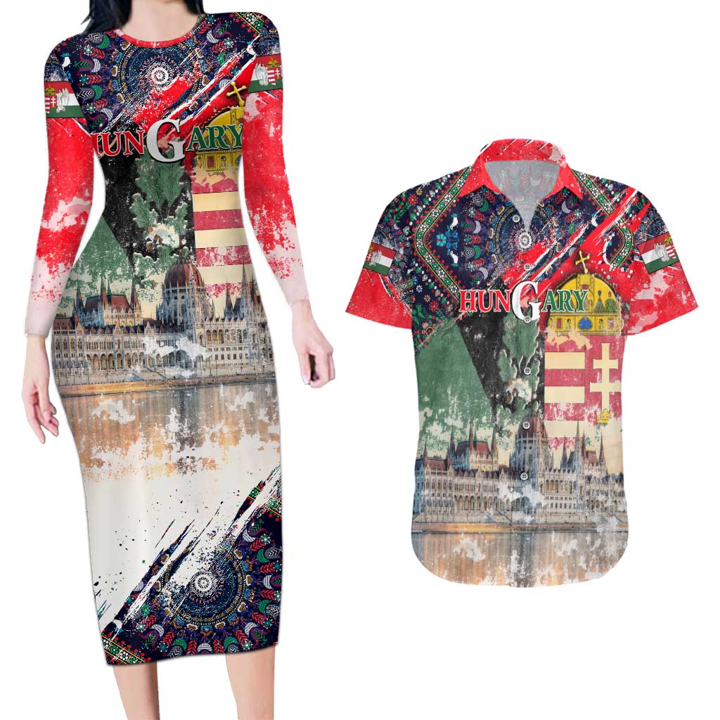Hungary One Flag One Heart Couples Matching Long Sleeve Bodycon Dress and Hawaiian Shirt Heritage in Colors