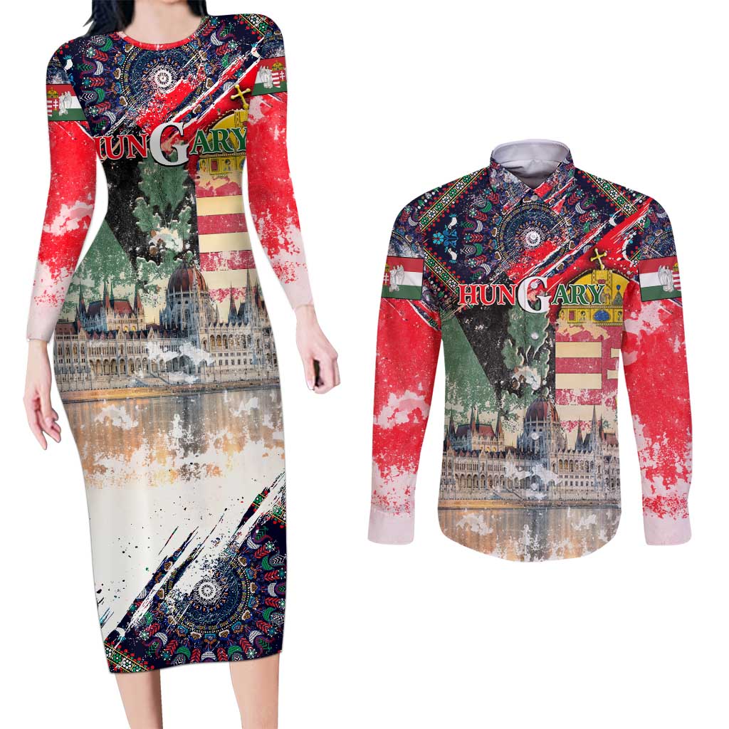 Hungary One Flag One Heart Couples Matching Long Sleeve Bodycon Dress and Long Sleeve Button Shirt Heritage in Colors