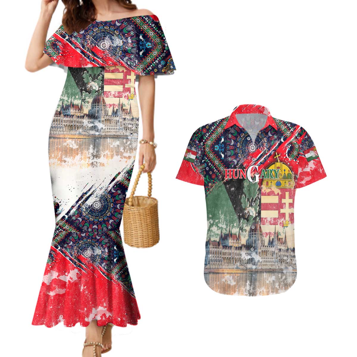 Hungary One Flag One Heart Couples Matching Mermaid Dress and Hawaiian Shirt Heritage in Colors