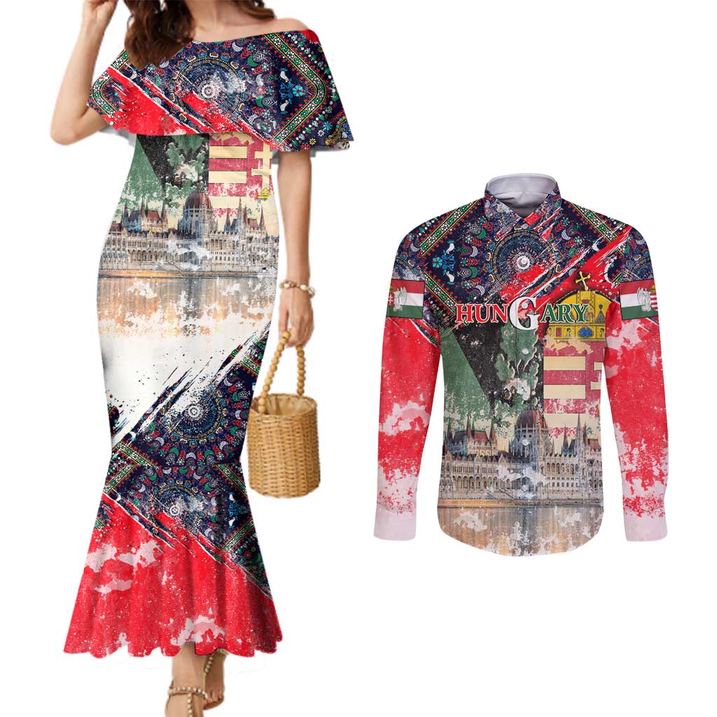 Hungary One Flag One Heart Couples Matching Mermaid Dress and Long Sleeve Button Shirt Heritage in Colors