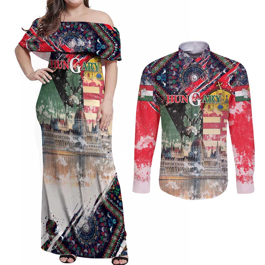 Hungary One Flag One Heart Couples Matching Off Shoulder Maxi Dress and Long Sleeve Button Shirt Heritage in Colors