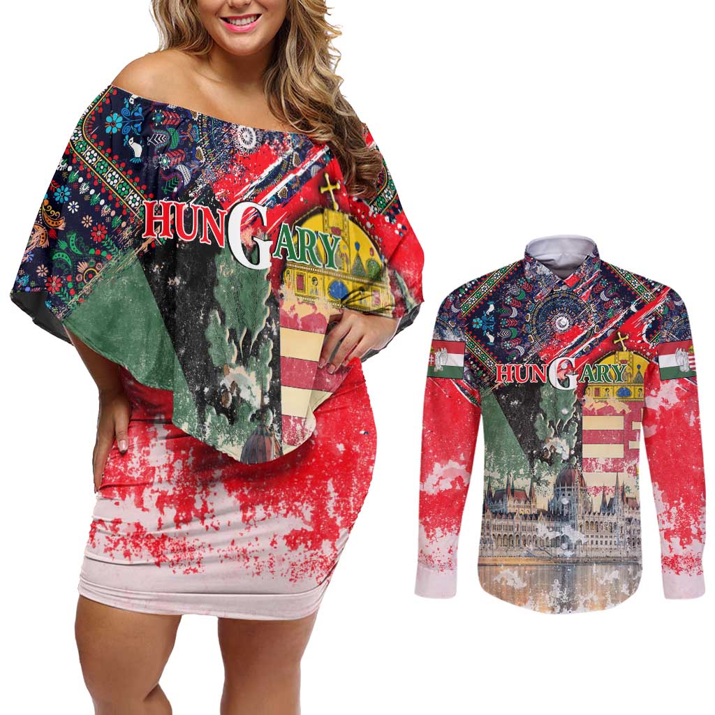 Hungary One Flag One Heart Couples Matching Off Shoulder Short Dress and Long Sleeve Button Shirt Heritage in Colors