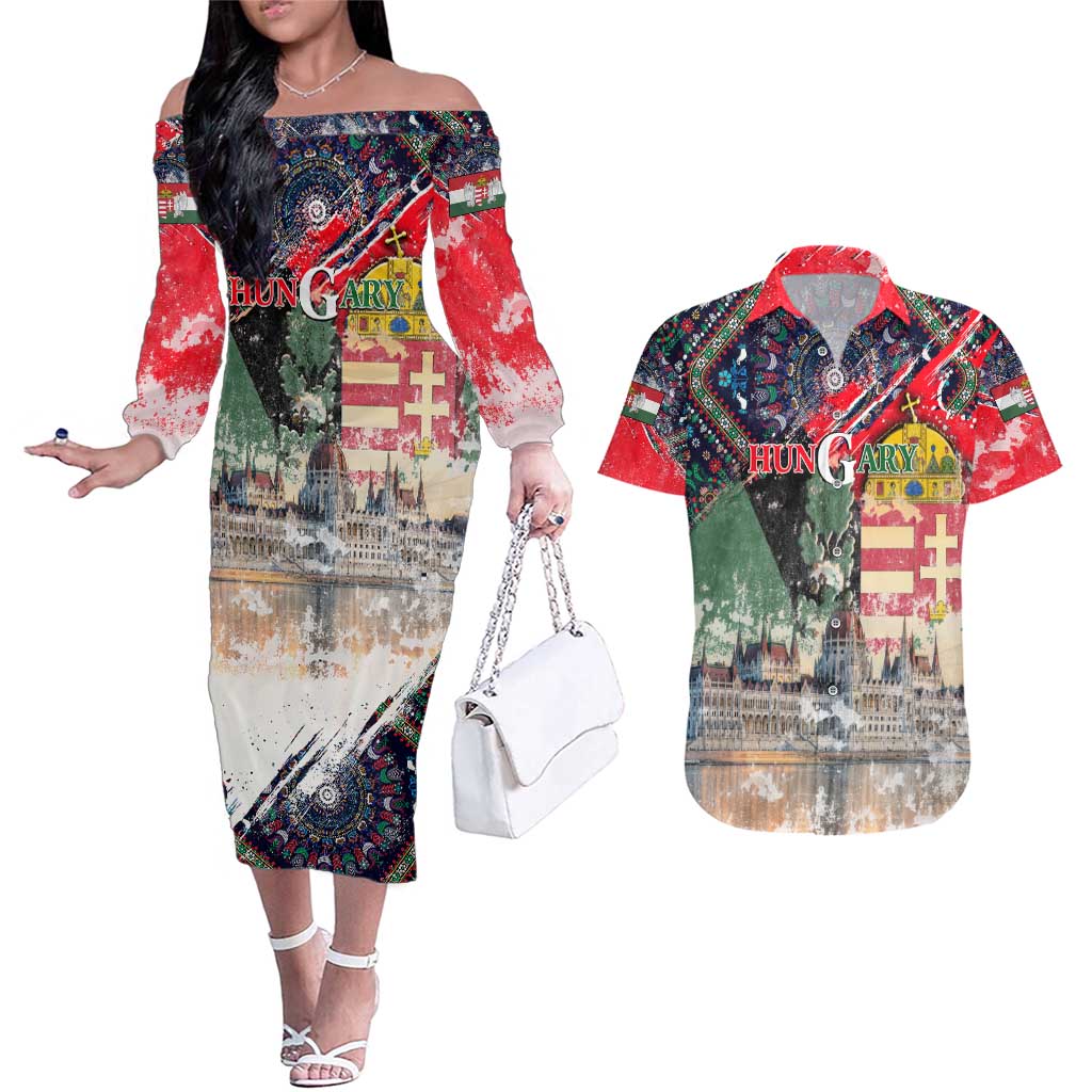 Hungary One Flag One Heart Couples Matching Off The Shoulder Long Sleeve Dress and Hawaiian Shirt Heritage in Colors