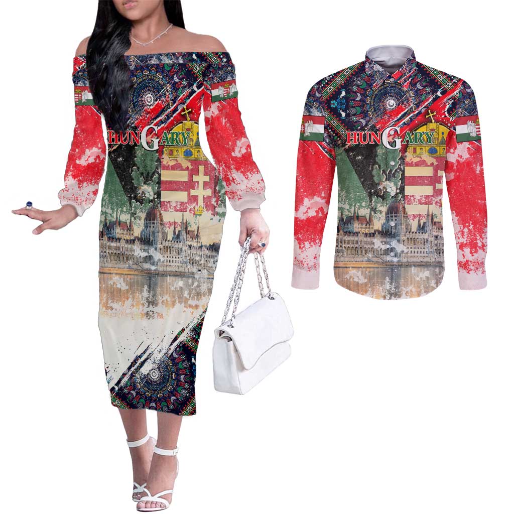 Hungary One Flag One Heart Couples Matching Off The Shoulder Long Sleeve Dress and Long Sleeve Button Shirt Heritage in Colors
