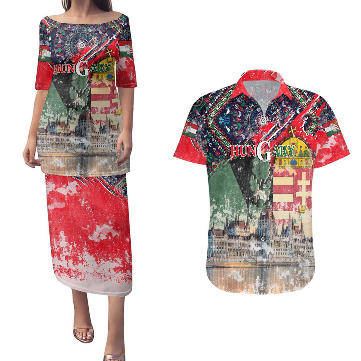 Hungary One Flag One Heart Couples Matching Puletasi and Hawaiian Shirt Heritage in Colors