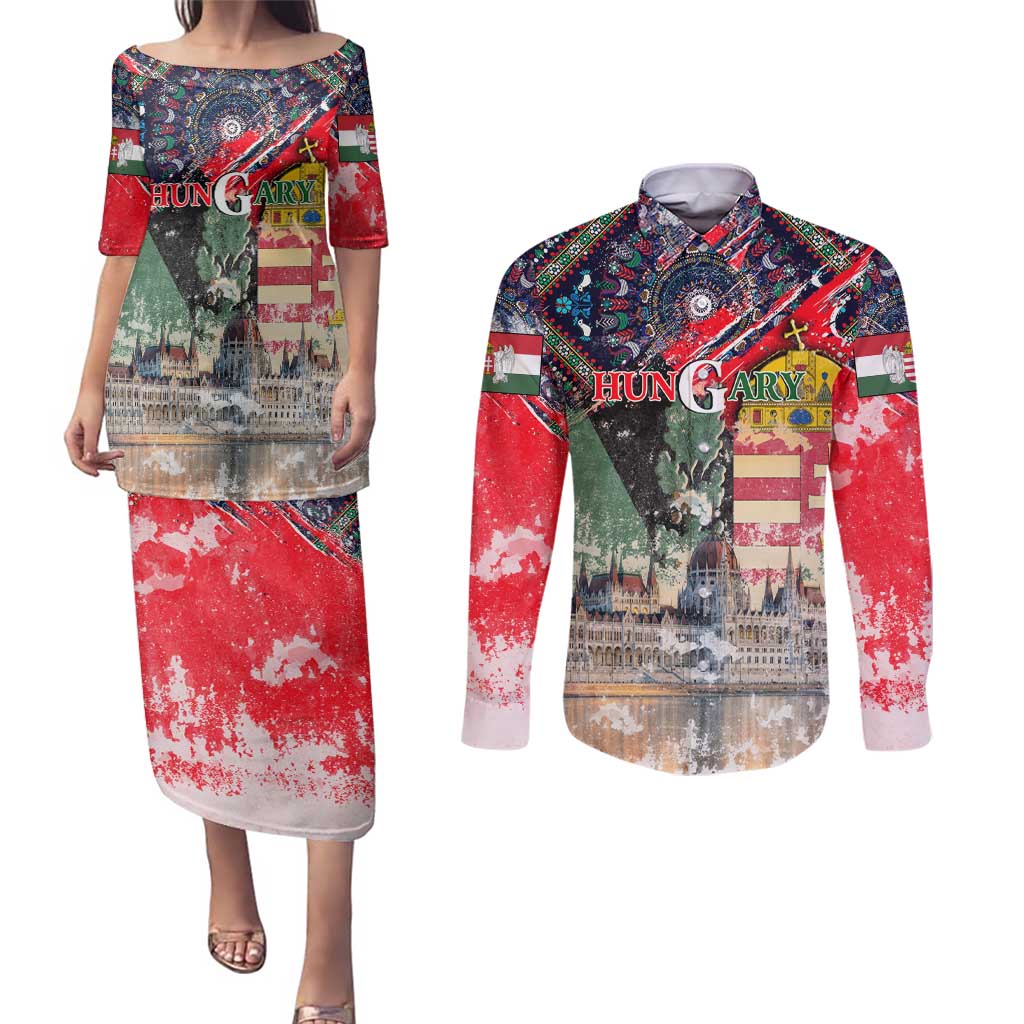 Hungary One Flag One Heart Couples Matching Puletasi and Long Sleeve Button Shirt Heritage in Colors