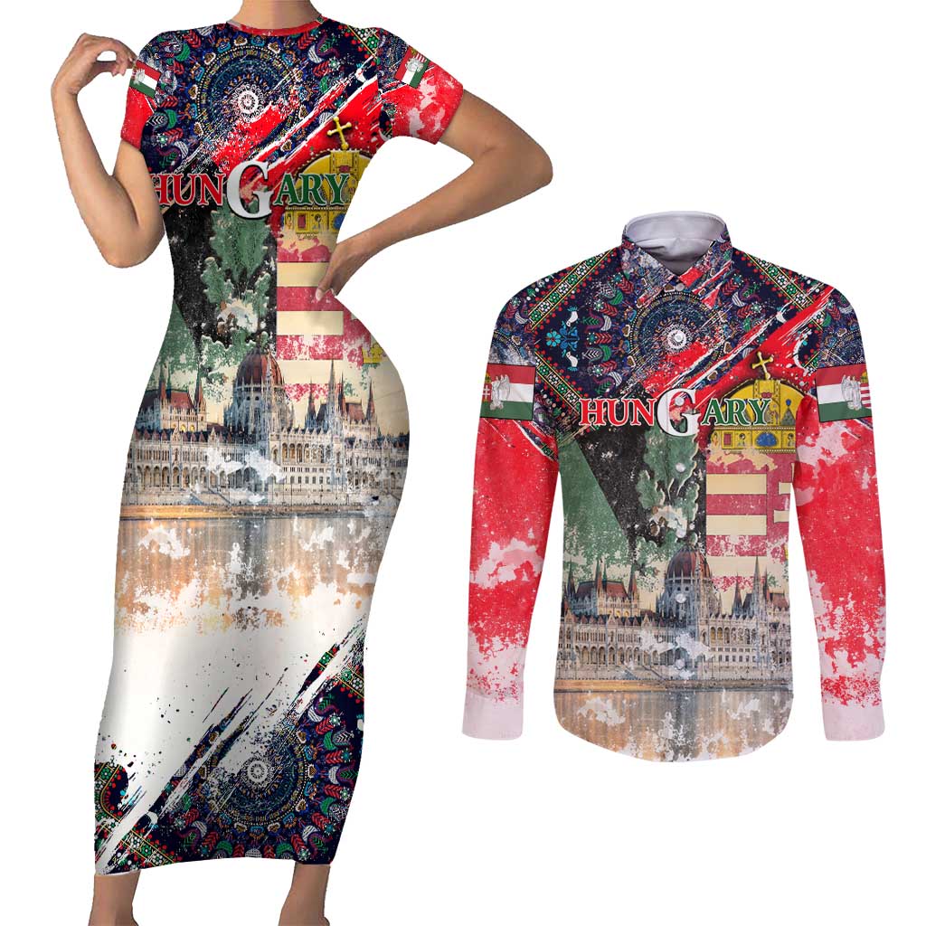 Hungary One Flag One Heart Couples Matching Short Sleeve Bodycon Dress and Long Sleeve Button Shirt Heritage in Colors