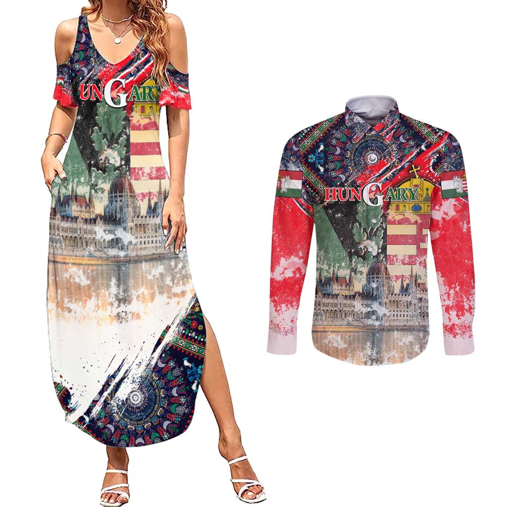 Hungary One Flag One Heart Couples Matching Summer Maxi Dress and Long Sleeve Button Shirt Heritage in Colors